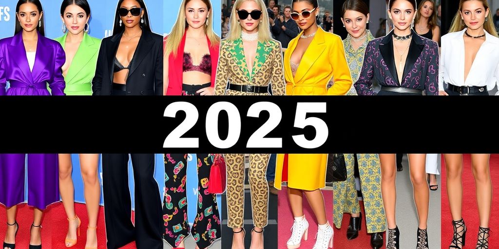 Collage of trendy celebrity outfits for 2025 fashion.