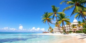 Tropical beach with palm trees and luxury resort.