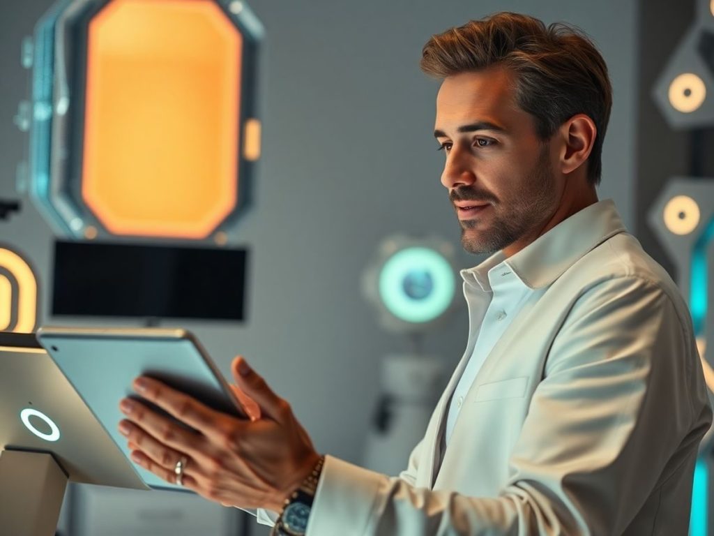 Celebrul folosind gadgeturi futuristice, lumini neon