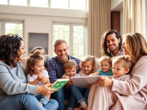 Părinți celebri cu copii, interacționând vesel acasă.