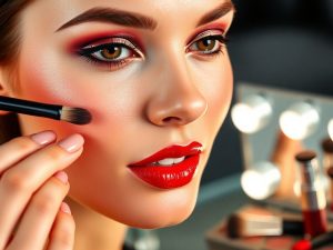 Tânără aplicând ruj roșu, păr stilat, ten luminos, machiaj profesionist