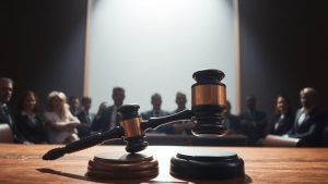 Vedete în sala de judecată, ciocanul judecătorului.