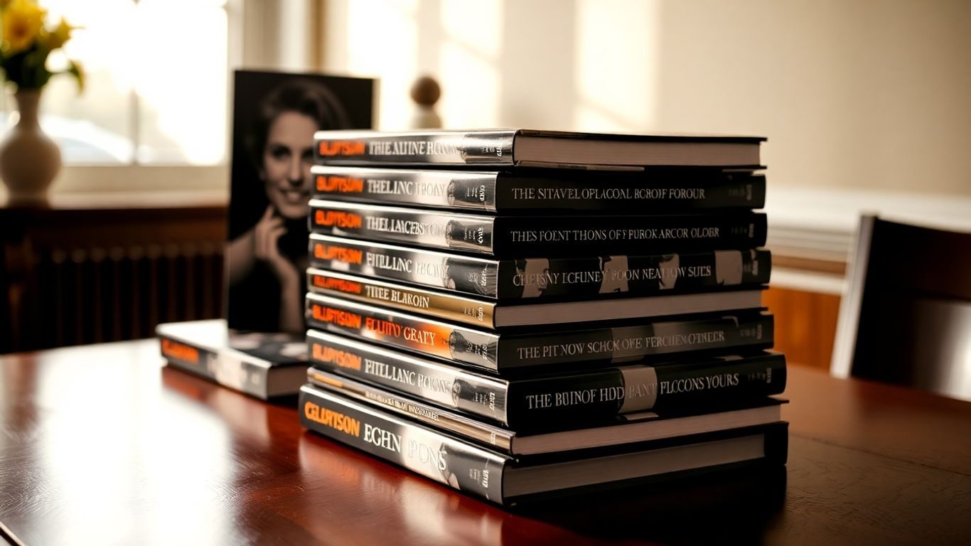 Cărți biografice ale vedetelor pe o masă de lemn.